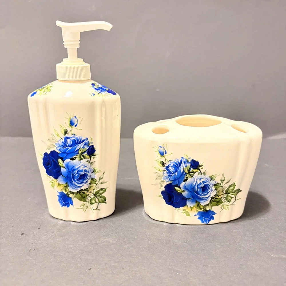 Crown Heritage Blue Rose Ceramic Soap Dispenser & Toothbrush Holder Set England